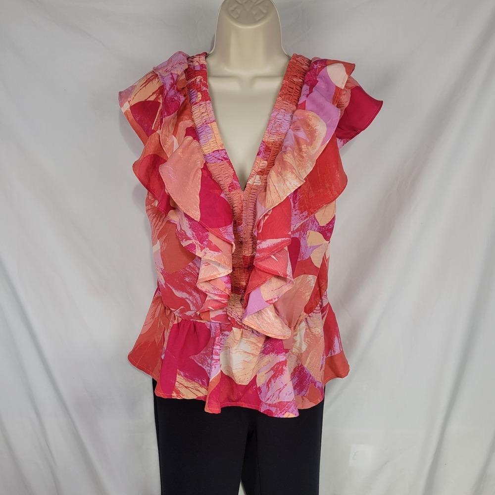 Sofia Jeans by Sofia Vergara Women's Pink & Orange V-Neck Ruffle Sleeve Blouse S